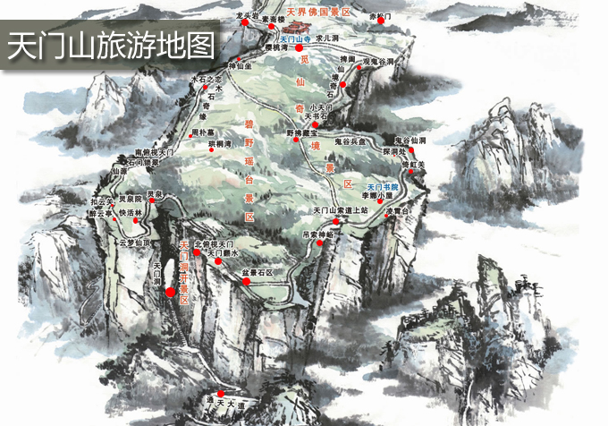 張家界天門山國家森林公園旅游景點游覽路線和地圖